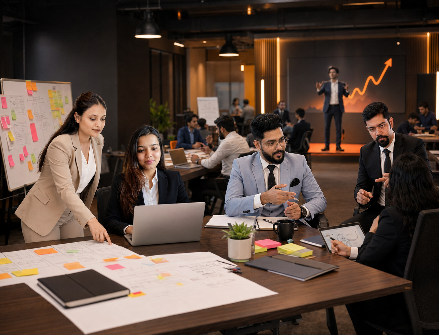 Startup team collaborating around a work table